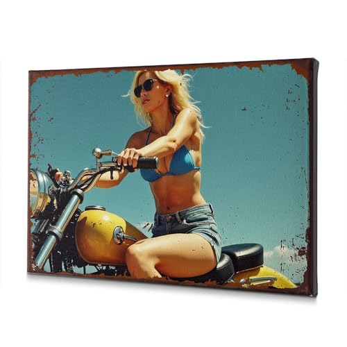 Impression sur toile femme en bikini et moto jaune 40x60 cm pour déco murale