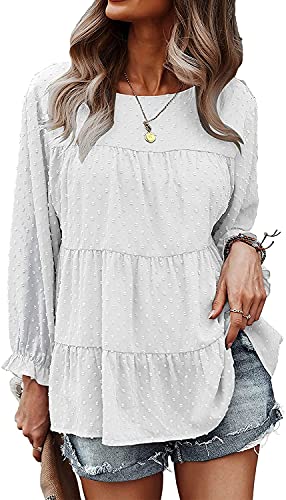 Womens Casual Chiffon Blouses Summer Peplum Tops Long Sleeve Loose Round Neck Ruffle Tops Autumn Tunic Tops White Medium