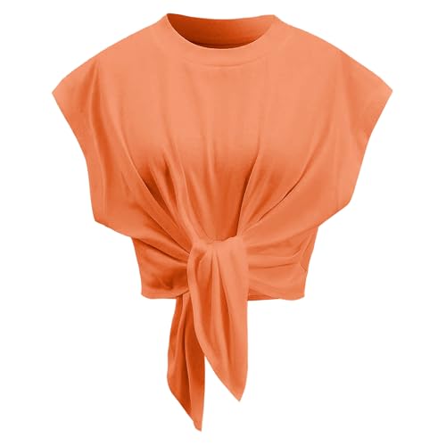 Tank Top for Women Crew Neck Cap Sleeve Tie Front Pullover Ruched T-Shirt Tops Summer Beach Crop Tee Shirts Blouse
