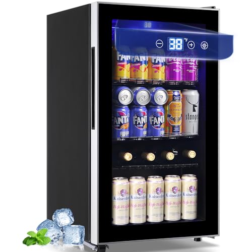 Image of WANAI 3.5 Cu.ft Beverage Refrigerator & Mini Cooler with LED Touch Panel 125 Can Small Beer Fridge with Glass Door for Wine Soda Juice Clear Front Removable Shelves for Home Office Bar