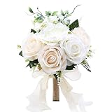 WGBBDG Wedding Bouquets for Bride Bridesmaid, 9.5 Inch White Artificial Silk Roses Bouquet, Ivory White & Champagne Mix for Wedding Party Decor