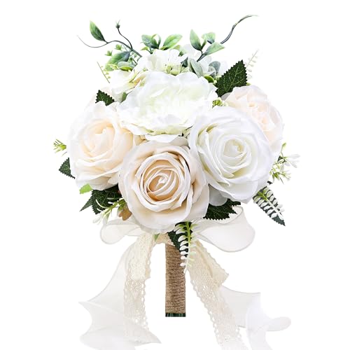 WGBBDG Wedding Bouquets for Bride Bridesmaid, 9.5 Inch White Artificial Silk Roses Bouquet, Ivory White & Champagne Mix for Wedding Party Decor
