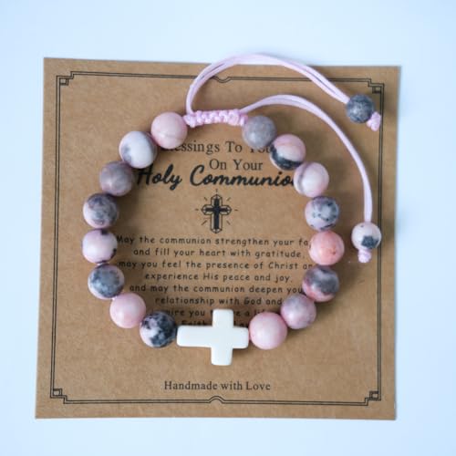 Image of Generic 3PCS Communion Bracelets for Girls Boy Fashion Natural Stone Clay Cross Bracelet First Communion Baptism Bless Jewelry Gifts, Adjustable