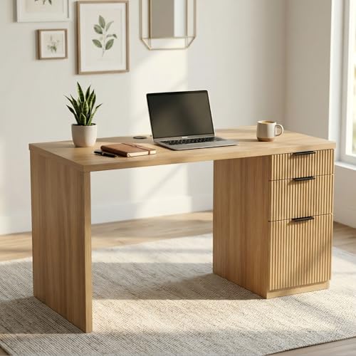 FURSUN 58 Home Office Desk with Power Outlet & File Cabinet Modern Fluted Executive Desk with 3 Storage Drawers Large Computer Workstation for Study & Bedroom Natural Oak