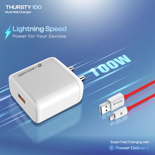 Image of Lapcare Thursty100Mulit Wall Charger 100W Output To265 v Ac Supervooc Supported Cable Inside 21 Power Adapter-Ultra Fast Charger for Oneplus, Fast Charger wit USB to C Dash SUPERVOOC Cable for Oneplus12 /12r /11 /11R /10 /10R /9 /9R /Nord 4 / Ce4 / Ce3 / Ce4 Lite and Other Devices