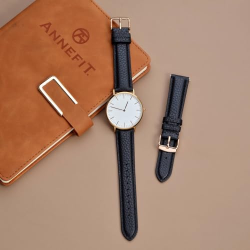 Image of ANNEFIT Watch Band 14mm, Quick Release Textured Padded Leather Straps with Rose Gold Buckle for Men and Women (Black)