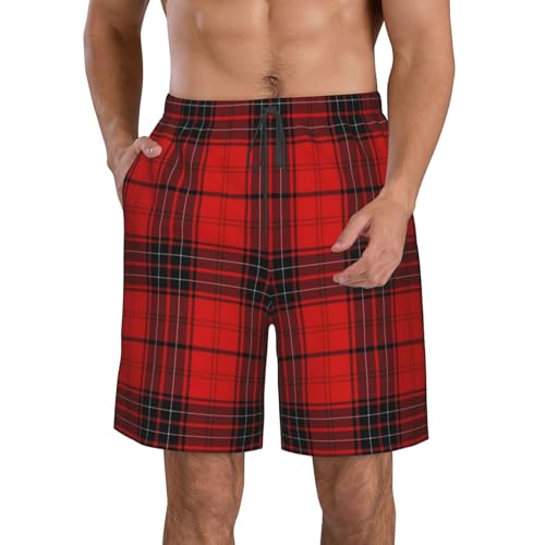 Red and Black Plaid Stylish Men's Bench Shorts - 100% Polyester, Quick-Drying, 6-Sizes - Main Image