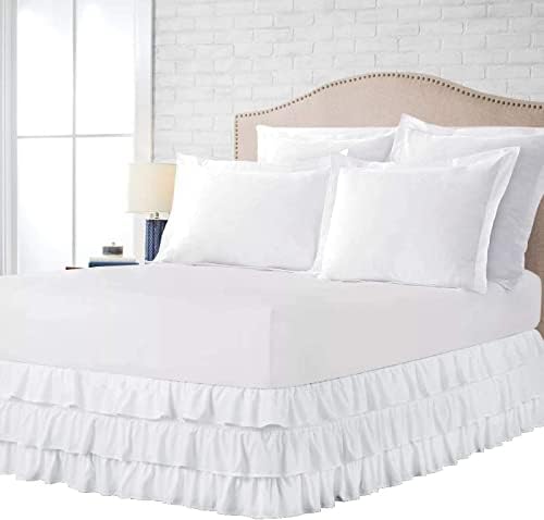 12 Inch Drop Olympic Queen Size White Solid Bed Skirt Split Corner Multi Ruffled Pattern Easy Fit Easy Care Fade & Wrinkle Resistant-Egyptian Cotton Made 1000 Thread Count Luxurious