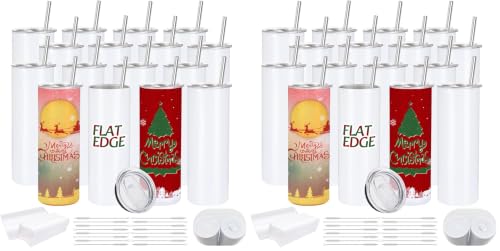 Image of YOUKE OLA 32 Pack Sublimation Tumblers Flat Edge Blanks Skinny Straight Bulk 20 oz, Stainless Steel Double Wall Insulated Sublimation with Straw & Lids for Heat Transfer, White