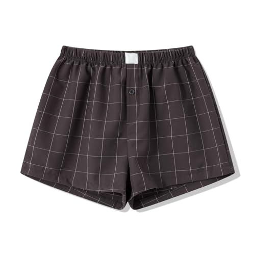 Image of Sumleno Womens Y2k Aesthetic Boxer Shorts Plaid Elastic Waist Lounge Pj Bottoms Summer Casual Gingham Pajamas Shorts