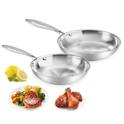 Image of Suteck Tri-Ply Stainless Steel Frying Pan Set 2 Piece 8 & 10 Inch, 304 Food Grade Stainless Steel Pan Non Toxic, Induction Compatible Frying Pan Set, Oven & Dishwasher Safe 500°F Cookware Set