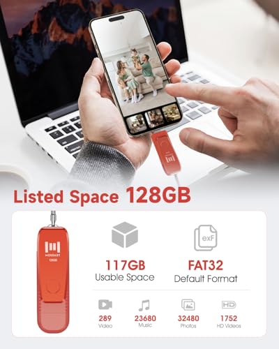 Image of MOSDART 128GB USB C and A 3.1 Dual Flash Drive with Keychain, Orange | Fits Android Phones, iPhone 15, 16, 17, Macbook, iPad, For Photos and Videos, USB-C Port Protection, Phone Case Friendly
