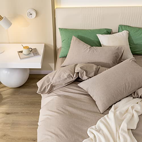 Jiyuan 100% Washed Cotton Duvet Cover Set Comfy Simple Style Solid Color Soft Breathable Textured Durable Linen Feel Bedding Sets For All Seasons Queen Size, Taupe #TOP6