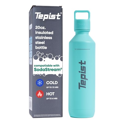 Tepist TwentyO 20oz Stainless Steel Bottle Compatible with Sodastream Machines | Powder Coated Teal | Vacuum Sealed | Double Walled | Leak-Proof | Easy to Carry | Reusable Bottle