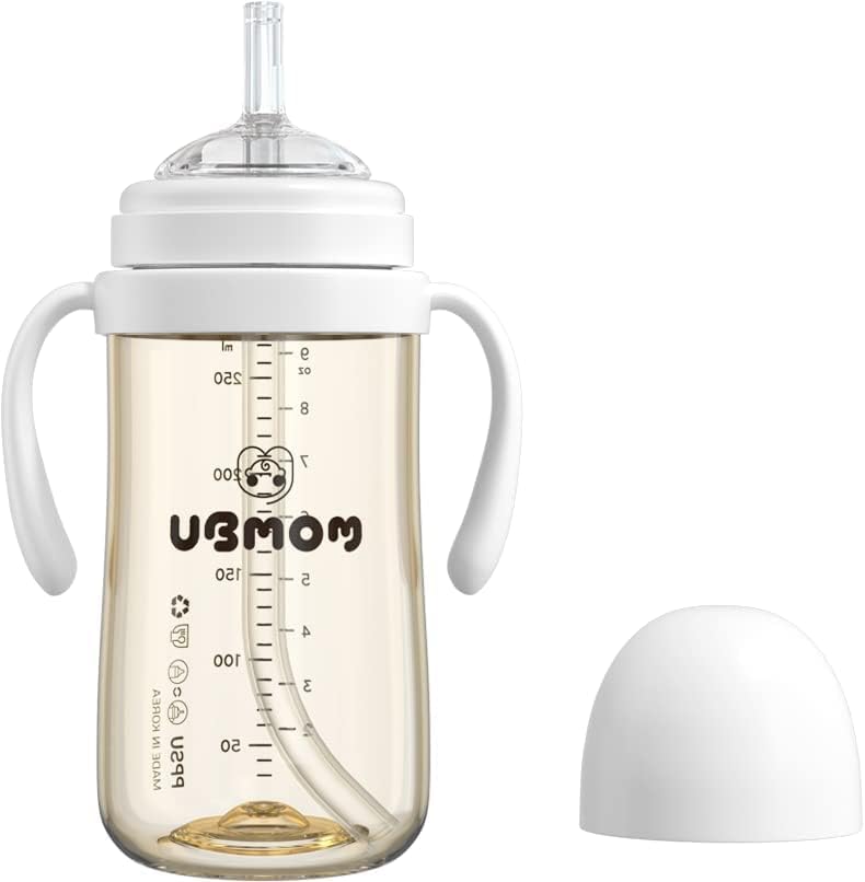 UBMOM No-spill, Backflow prevention Sippy Cup with Straw, PPSU, Learner Cup with Handle for Baby and Toddlers, BPA Free, 9.47oz (White)