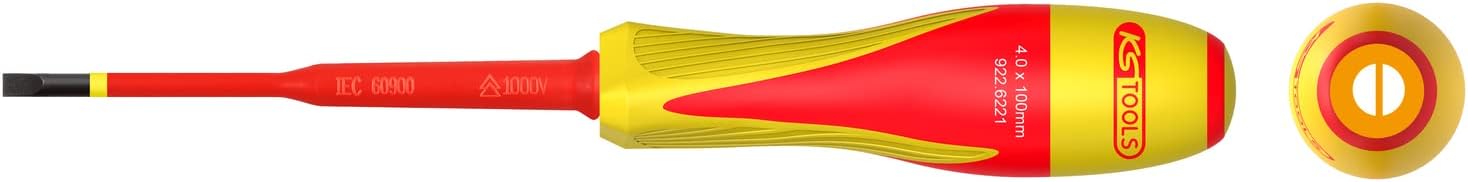 KS Tools 922.6221 Slotted Screwdriver 4 x 100 mm Bi-Material Insulated 1000V for Electrical Terminal Blocks S2 Steel Burnished Tip