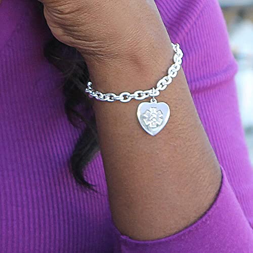 American Medical ID – Sterling Silver Heart Charm Embossed Medical ID Bracelet, for 5.5"- 8.5" wrist – 5 Lines of Custom Engraving4