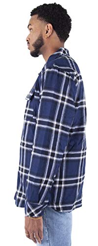 Image of Shaka Wear Men's Plaid Shirts - Flannel Hooded Long Sleeve Casual Button Up Fleece Soft Quilted Lined Hoodie Jacket PFJ03 Navy S