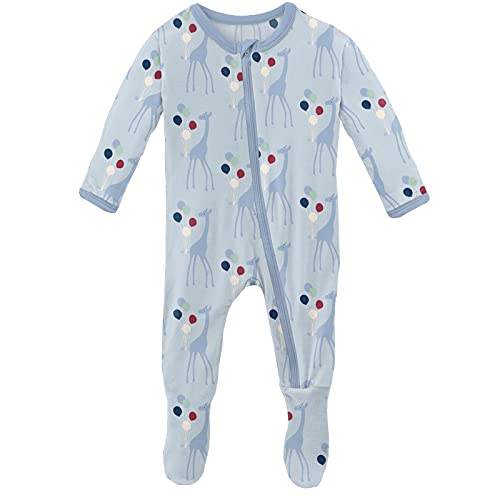 Image of KicKee Print Footie with Zipper, Fitted Long Sleeve Pajamas, Ultra Soft Everyday One-Piece Loungewear, Fair (Illusion Blue Balloon Giraffe - 0-3 Months)