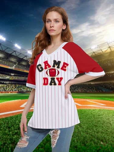 Oversized Football Shirts for Women Game Day Tshirt Sunday Football Graphic Tee Top Funday V-Neck Short Sleeve2