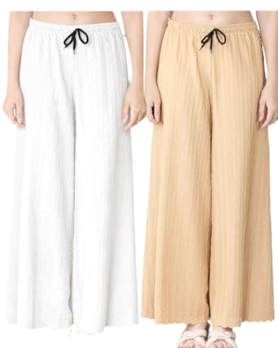 Image of Pack of 2 Women Palazzo Pants | Wide Leg Loose Fit | Combo Pack | Free Size | Stretchable Waist | Casual Wear, Office Wear, Home Wear Palazzo