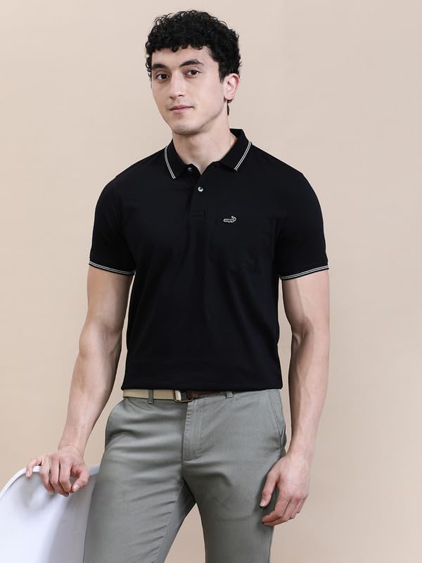 Image of CROCODILE Men Solid Slim Fit Polo T-Shirt | Regular Length | Short Sleeve | Button Placket | Casual Knitted Topwear