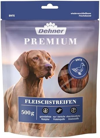 Dehner Premium Hundesnack, Kausnack, Entenbrustfilet in Streifen, 500 g | hochwertiges Hunde Leckerli, getreidefrei, für ausgewachsene Hunde