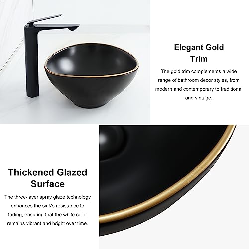 Davivy 16.3'' X 13.4'' Matte Black Oval Vessel Sink with Pop Up Drain,Bathroom Vessel Sinks with Gold Trim,Bathroom Sinks Above Counter,Counter top Sink,Black Ceramic Vessel Sinks for Bathroom - Thumbnail 4