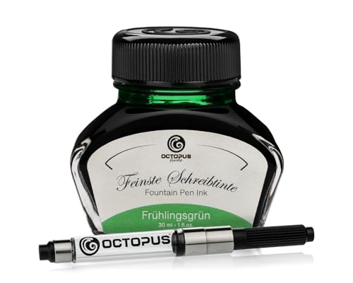Octopus Fluids Füllhaltertinte im Tintenglas inklusive Konverter, Schreibtinte für Füllhalter, Füllertinte in Frühlingsgrün 30ml mit Tintenkonverter