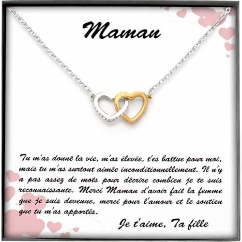 Collier Personnalisé pour Femme avec Message d'Amour pour Mère et Pendentif Cœurs Entrelacés