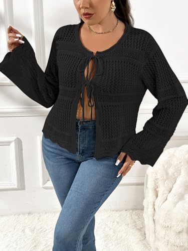 Image of MakeMeChic Women's Plus Size Cardigan Sweater Crochet Bow Tie Front Knit Outerwear Plus Black 1XL