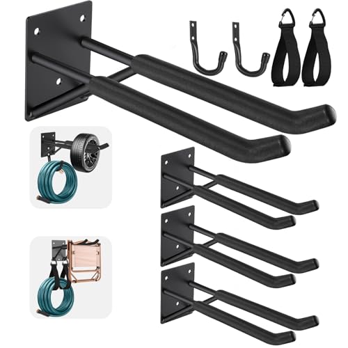 14″ Garage Hooks Heavy Duty 4-Pack – Garage Storage System Hooks, Ladder Hooks for Garage Wall & Broom Holder Wall Mount | Non-Slip Tire Rack & Heavy Duty Wall Hooks for Hanging Ladders, Chairs.