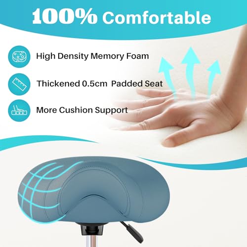 Image of YEEZEE Saddle Stool Ergonomic- Comfortable Rolling Saddle Stool with Wide Thick Saddle Seat Padding, Swivel Adjustable Saddle Chair with Wheels and Ring Pedal for Medical Massage Salon (Blue)