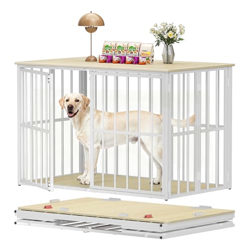 LOVMOR 48' Folding Furniture Style Dog Crate End Table for Large Dogs, Indoor Decorative Dog Kennel Side Table with Wood Top, Heavy-Duty Dog Cage, Easy Assembly & Space-Saving Storage