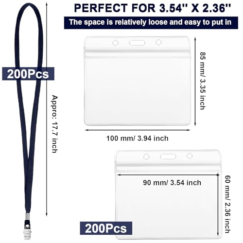 Image of Marspark 200 Sets 4 inchx3 inch Name Badge Holder with Lanyard Bulk, Blue | Waterproof Reusable Plastic with Clip, ID Badges Business School Conference Use, Lanyard Strap for Employees Students Events