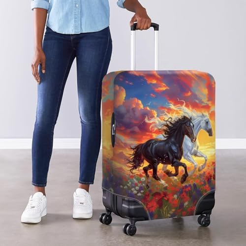 Image of Mumeson White Horse Brown Horse Luggage Covers Washable Elastic Stretchy Suitcase Protector Zipper Closure Baggage Cover Fit 18-32 inch Luggages