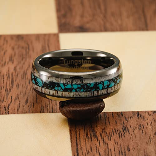 100S JEWELRY Gunmetal Gray Tungsten Rings For Men Turquoise & Elk Antler Inlay Wedding Promise Engagement Band Size 6-164