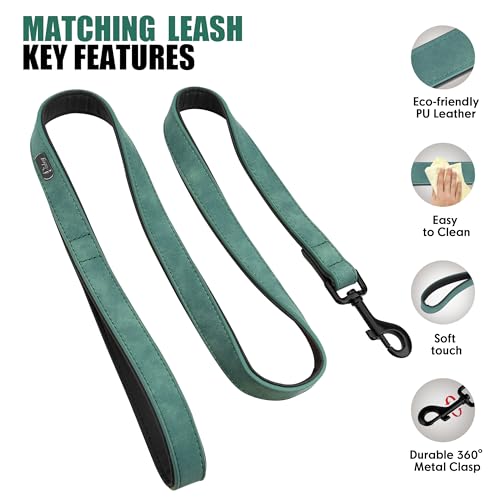 Image of Didog PU Leather Dog Collar and Leash Set, Soft Padded, Green, Neck 18-22 inch