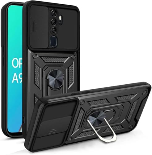 Movilear Funda Carcasa Armor para OPPO A5 2020 4G / A9 2020 4G, Antigolpes Cubierta de Camara Deslizante para Proteger con Soporte Giratorio de Anillo Color Negro Armadura Antigolpes FANA
