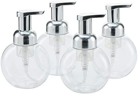 MHO Containers | Clear Foaming Soap Dispenser with Matte Silver Pump, Locking Mechanism, BPA/Paraben Free PET Plastic, 250mL/8.5fl oz - Set of 4 (Silver)