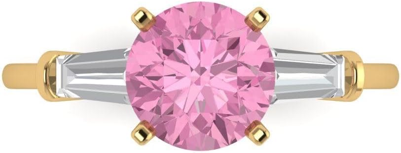 Clara Pucci 14K Solid Gold Engagement Ring for Women | 2 cttw Pink Diamond Round Cut Three-Stone | Real Yellow Gold Wedding Ring
