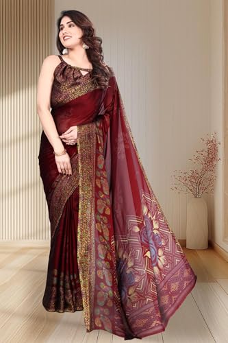 Image of SUPERLAXMI Women's Chiffon Floral Printed Saree with Blouse Piece