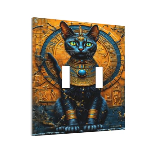 Decorative Switch Covers Plate Egyptian Black Cat Vintage Gold Decorated 2 Gang Wall Plate Oversized Double Toggle Light Switch Plate Wall Cover Plate Faceplate for Home Decor