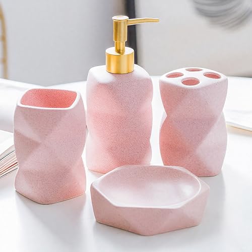 Juego de accesorios de baño, juego de accesorios de baño rosa, desoensor de jabón, soportes para cepillos de dientes, vaso, jabonera, modernos y elegantes organizadores de baño, juego de decoración de