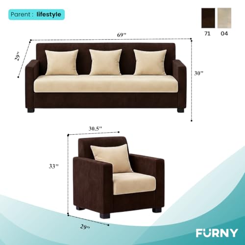 Image of FURNY Lexon 3 Seater + 1 Seater + 1 Seater Fabric Sofa Set (Dark Brown-Cream) with Velvet Finish | Durable Comfort | Ideal for Living Room