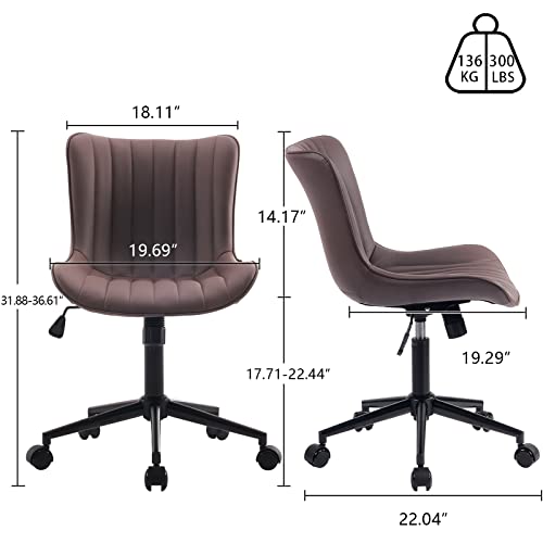 Image of YOUNIKE Brown Ergonomic Home Office Desk Chair with Wheels Comfy Armless Vanity Chair with Back Modern Leather Upholstered Rolling Task Chair Small Cute Computer Drafting Chair Wide Swivel Adjustable