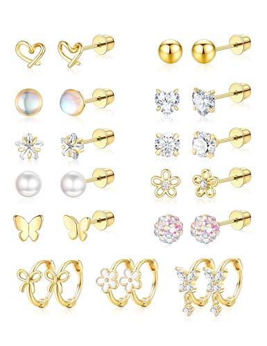 Hypoallergenic Surgical Stainless Steel Earrings for Girls Kids Jewelry - Screw Back Earrings for Sensitive Ears Cute Flower Heart Pearl bow Earrings for Women