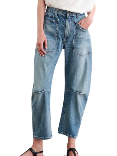 CHARTOU Women's Cropped Mid Rise Barrel Jeans Pants Baggy Horseshoe Boyfriend Denim Pants Cargo Y2k Jeans
