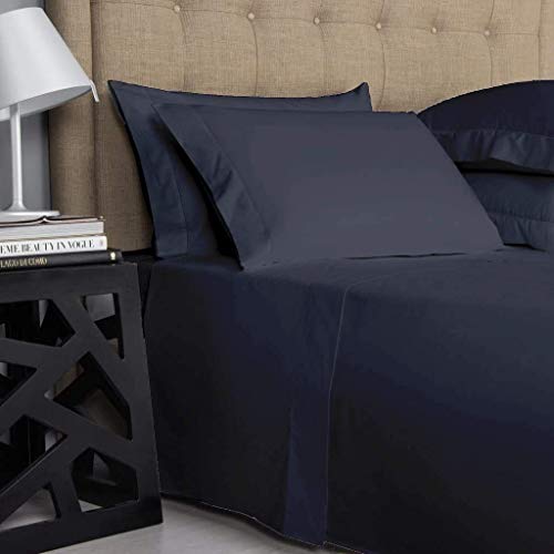 Saaz Linen 4 Piece Sheets Set 100% Egyptian Cotton 1000 Thread Count 16 Inch Deep Pocket Soft Solid Luxury Hotel Bedding Collection - Flat Bedsheet, Fitted Sheet & 2 Pillowcases (King, Midnight Blue) #TOP1