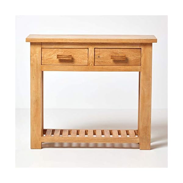 HOMESCAPES - Mangat - Small Console Table - 100% Mango Wood Furniture With 2 Drawers and a Storage Shelf - Image 3